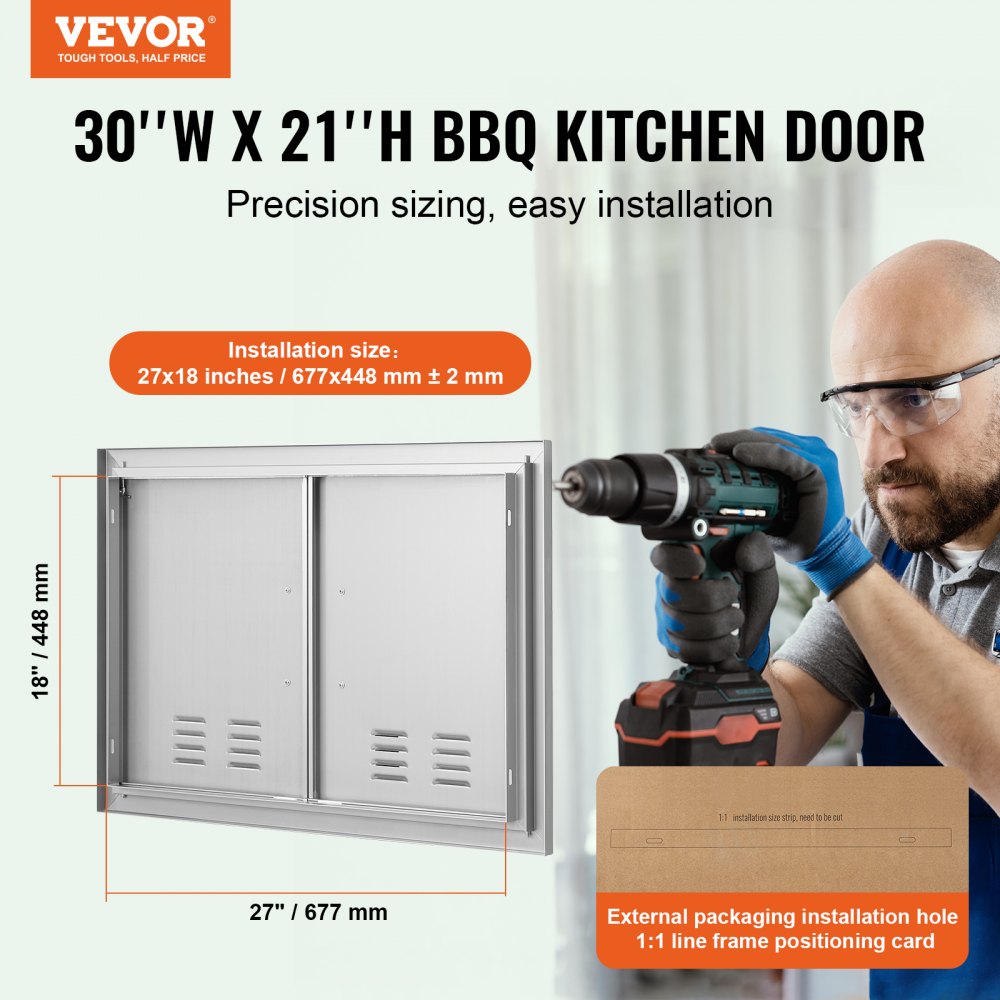 BBQ Access Door, 30W x 21H Inch Double Outdoor Kitchen Door, Stainless Steel Flush Mount Door, Wall Vertical Door with Handles and Vents, for BBQ Island, Grilling Station, Outside Cabinet