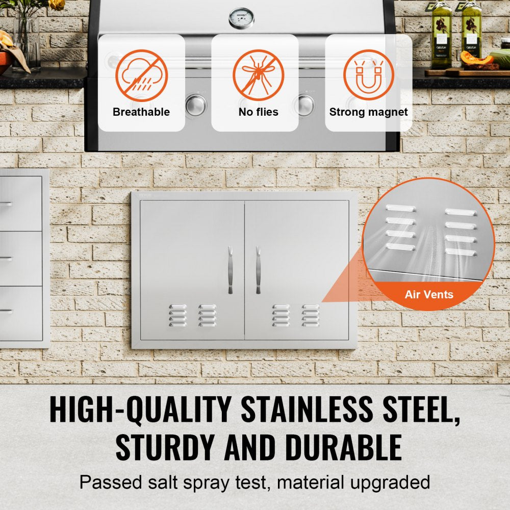 BBQ Access Door, 30W x 21H Inch Double Outdoor Kitchen Door, Stainless Steel Flush Mount Door, Wall Vertical Door with Handles and Vents, for BBQ Island, Grilling Station, Outside Cabinet