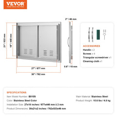 BBQ Access Door, 30W x 21H Inch Double Outdoor Kitchen Door, Stainless Steel Flush Mount Door, Wall Vertical Door with Handles and Vents, for BBQ Island, Grilling Station, Outside Cabinet