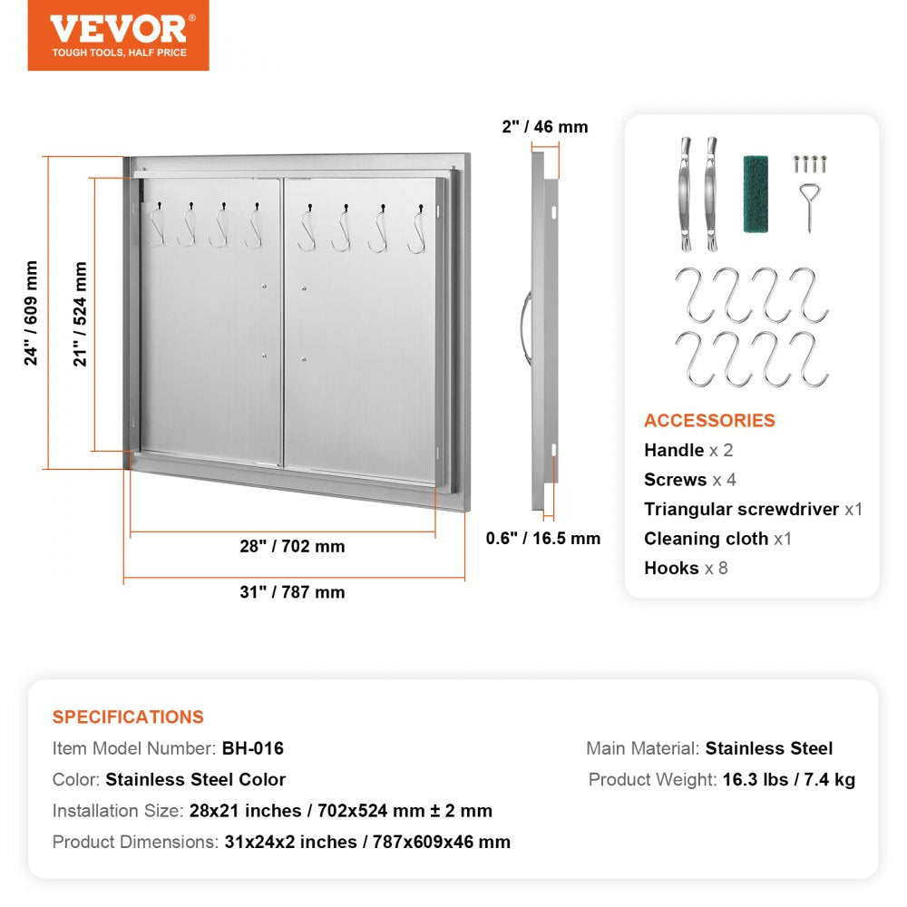 BBQ Access Door, 31W x 24H Inch Double Outdoor Kitchen Door, Stainless Steel Flush Mount Door, Double Wall Vertical Door with Handles and Hooks, for BBQ Island, Grilling Station, Outside Cabinet