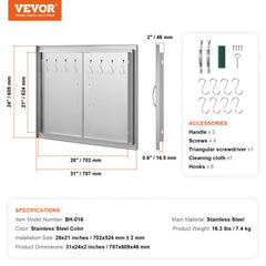 BBQ Access Door, 31W x 24H Inch Double Outdoor Kitchen Door, Stainless Steel Flush Mount Door, Double Wall Vertical Door with Handles and Hooks, for BBQ Island, Grilling Station, Outside Cabinet