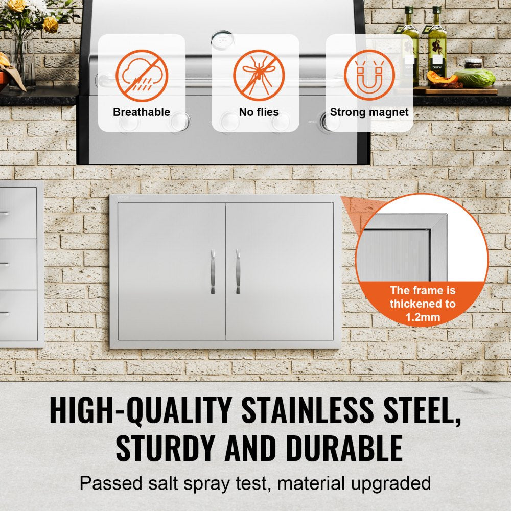 BBQ Access Door, 33W x 22H Inch Double Outdoor Kitchen Door, Stainless Steel Flush Mount Door, Wall Vertical Door with Handles, for BBQ Island, Grilling Station, Outside Cabinet