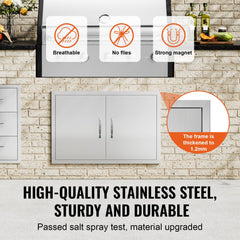 BBQ Access Door, 33W x 22H Inch Double Outdoor Kitchen Door, Stainless Steel Flush Mount Door, Wall Vertical Door with Handles, for BBQ Island, Grilling Station, Outside Cabinet