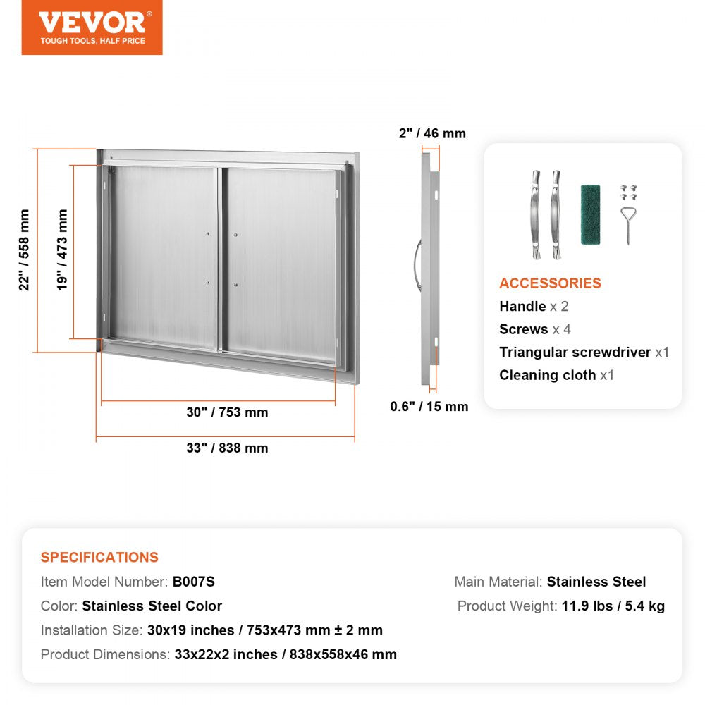 BBQ Access Door, 33W x 22H Inch Double Outdoor Kitchen Door, Stainless Steel Flush Mount Door, Wall Vertical Door with Handles, for BBQ Island, Grilling Station, Outside Cabinet