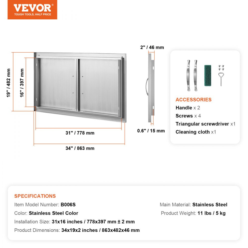 BBQ Access Door, 34W x 19H Inch Double Outdoor Kitchen Door, Stainless Steel Flush Mount Door, Wall Vertical Door with Handles, for BBQ Island, Grilling Station, Outside Cabinet
