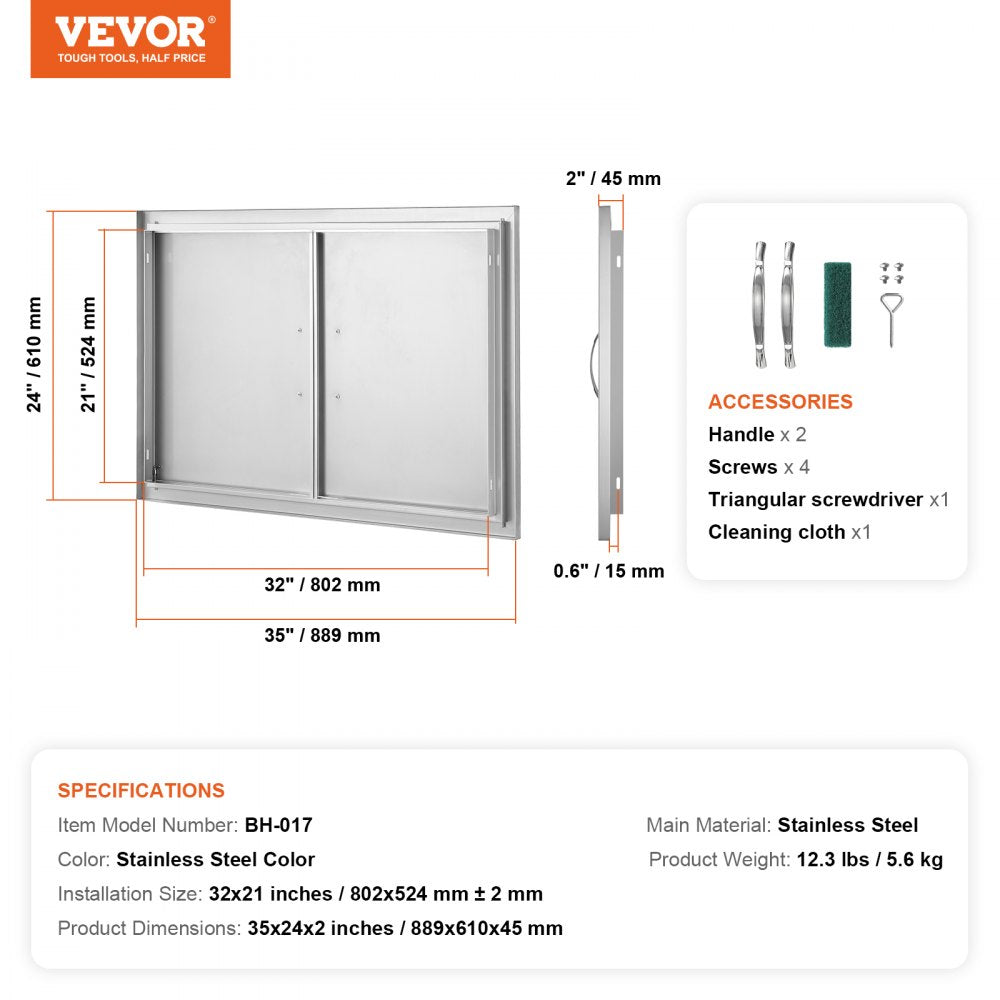 BBQ Access Door, 35W x 24H Inch Double Outdoor Kitchen Door, Stainless Steel Flush Mount Door, Wall Vertical Door with Handles, for BBQ Island, Grilling Station, Outside Cabinet