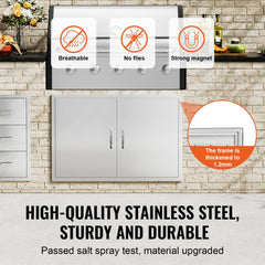 BBQ Access Door, 39W x 26H Inch Double Outdoor Kitchen Door, Stainless Steel Flush Mount Door, Wall Vertical Door with Handles and Hooks, for BBQ Island, Grilling Station, Outside Cabinet