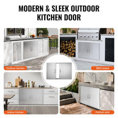 BBQ Access Door, 39W x 26H Inch Double Outdoor Kitchen Door, Stainless Steel Flush Mount Door, Wall Vertical Door with Handles and Hooks, for BBQ Island, Grilling Station, Outside Cabinet