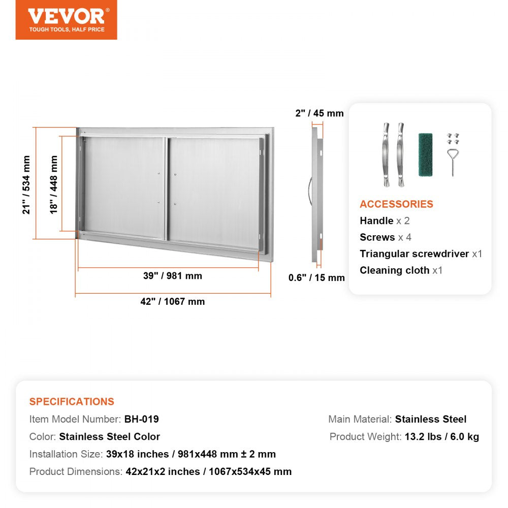 BBQ Access Door, 42W x 21H Inch Double Outdoor Kitchen Door, Stainless Steel Flush Mount Door, Wall Vertical Door with Handles, for BBQ Island, Grilling Station, Outside Cabinet