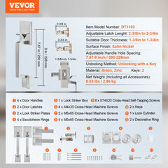Double Door Handle Set, Double Door Lock Set with Reversible Handle Lever, Satin Nickel Square Door Lever, Heavy Duty Double Front Door Handle Set with Dummy, for Front Door or Office Door