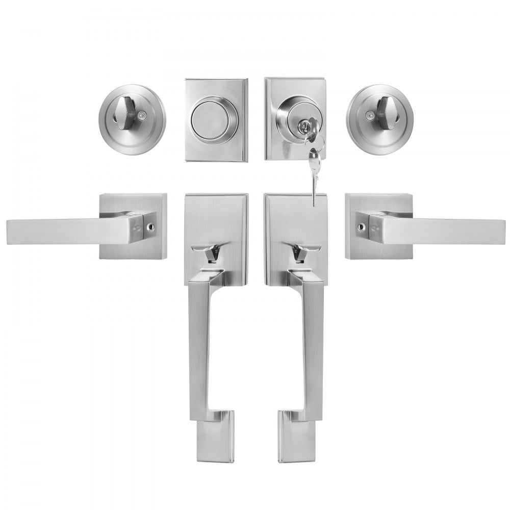 Double Door Handle Set, Double Door Lock Set with Reversible Handle Lever, Satin Nickel Square Door Lever, Heavy Duty Double Front Door Handle Set with Dummy, for Front Door or Office Door