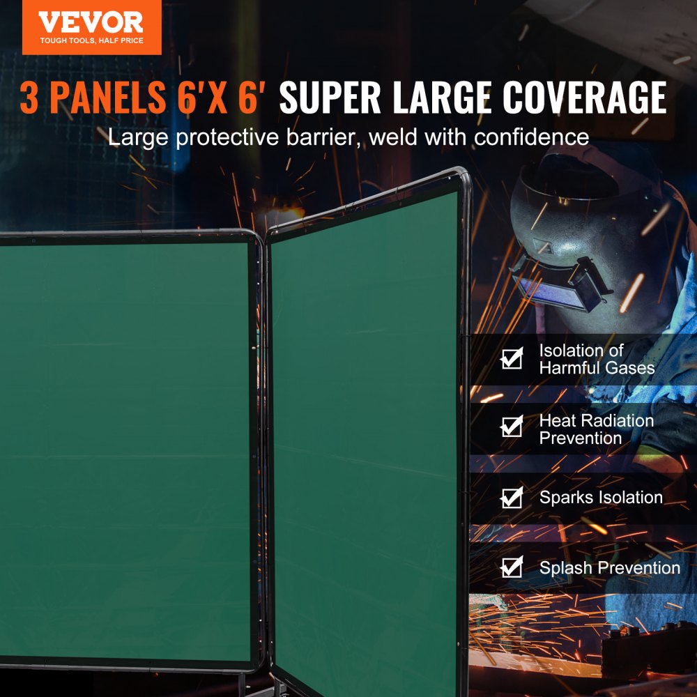 Welding Screen with Frame, 6` x 6` 3 Panel Welding Curtain Screens, Flame-Resistant Vinyl Welding Protection Screen on 12 Swivel Wheels (6 Lockable), Moveable & Professional for Workshop, Green