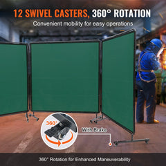 Welding Screen with Frame, 6` x 6` 3 Panel Welding Curtain Screens, Flame-Resistant Vinyl Welding Protection Screen on 12 Swivel Wheels (6 Lockable), Moveable & Professional for Workshop, Green