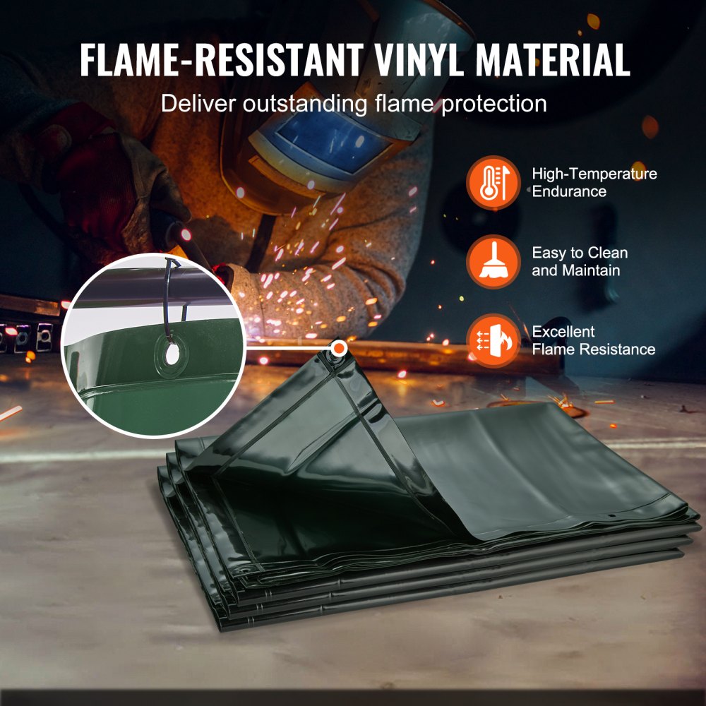 Welding Screen with Frame, 6` x 6` 3 Panel Welding Curtain Screens, Flame-Resistant Vinyl Welding Protection Screen on 12 Swivel Wheels (6 Lockable), Moveable & Professional for Workshop, Green