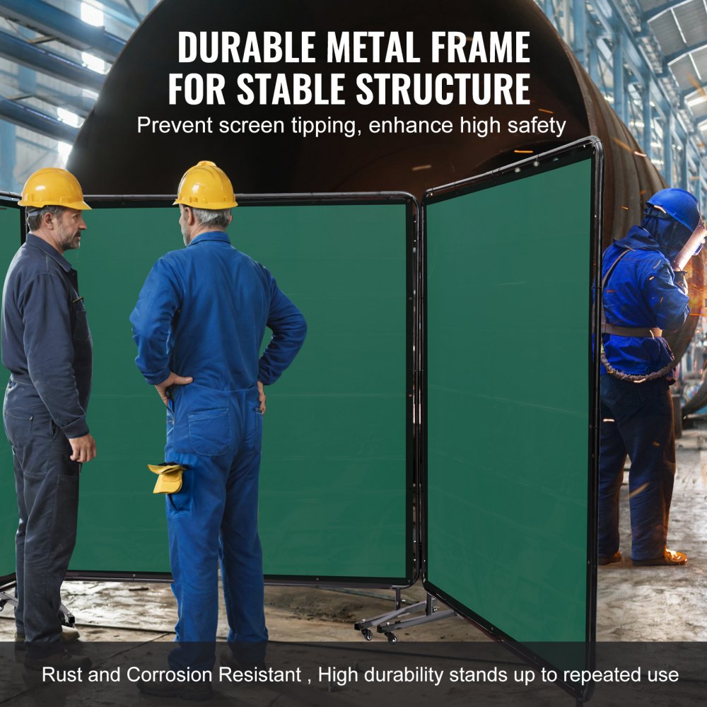 Welding Screen with Frame, 6` x 6` 3 Panel Welding Curtain Screens, Flame-Resistant Vinyl Welding Protection Screen on 12 Swivel Wheels (6 Lockable), Moveable & Professional for Workshop, Green