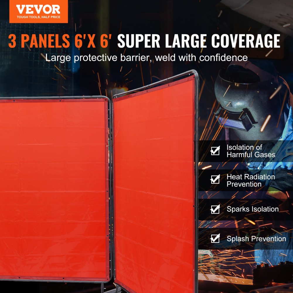 Welding Screen with Frame, 6` x 6` 3 Panel Welding Curtain Screens, Flame-Resistant Vinyl Welding Protection Screen on 12 Swivel Wheels (6 Lockable), Moveable & Professional for Workshop, Red