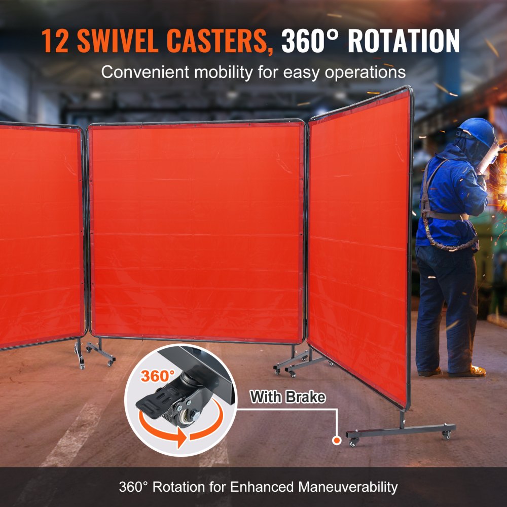Welding Screen with Frame, 6` x 6` 3 Panel Welding Curtain Screens, Flame-Resistant Vinyl Welding Protection Screen on 12 Swivel Wheels (6 Lockable), Moveable & Professional for Workshop, Red