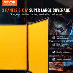 Welding Screen with Frame, 6` x 6` 3 Panel Welding Curtain Screens, Flame-Resistant Vinyl Welding Protection Screen on 12 Swivel Wheels (6 Lockable), Moveable & Professional for Workshop, Yellow