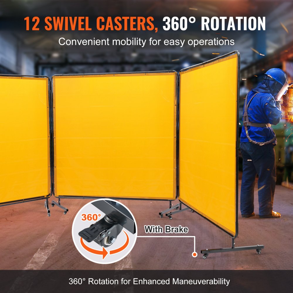Welding Screen with Frame, 6` x 6` 3 Panel Welding Curtain Screens, Flame-Resistant Vinyl Welding Protection Screen on 12 Swivel Wheels (6 Lockable), Moveable & Professional for Workshop, Yellow