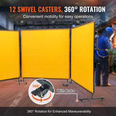 Welding Screen with Frame, 6` x 6` 3 Panel Welding Curtain Screens, Flame-Resistant Vinyl Welding Protection Screen on 12 Swivel Wheels (6 Lockable), Moveable & Professional for Workshop, Yellow