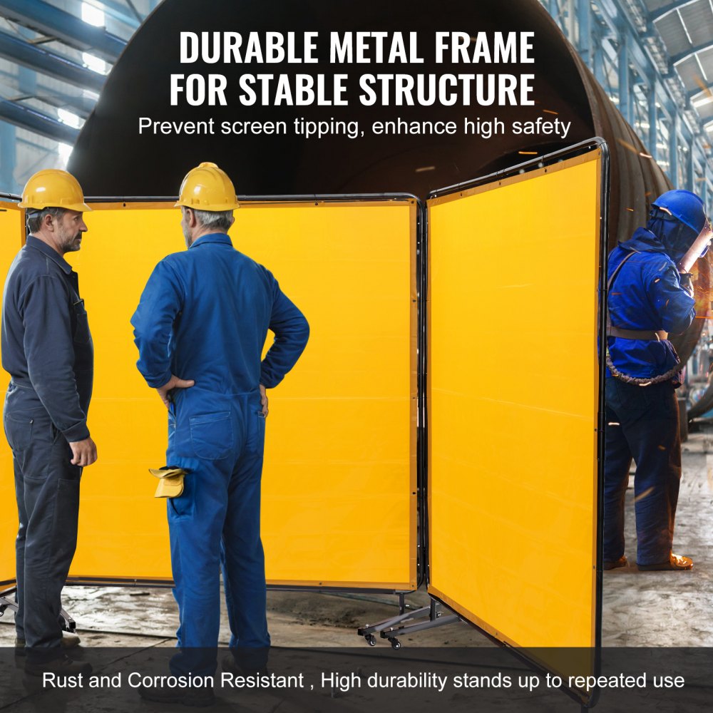 Welding Screen with Frame, 6` x 6` 3 Panel Welding Curtain Screens, Flame-Resistant Vinyl Welding Protection Screen on 12 Swivel Wheels (6 Lockable), Moveable & Professional for Workshop, Yellow