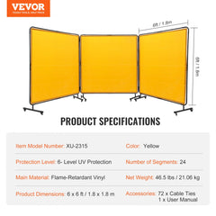 Welding Screen with Frame, 6` x 6` 3 Panel Welding Curtain Screens, Flame-Resistant Vinyl Welding Protection Screen on 12 Swivel Wheels (6 Lockable), Moveable & Professional for Workshop, Yellow