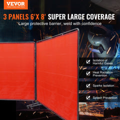 Welding Screen with Frame, 6` x 8` 3 Panel Welding Curtain Screens, Flame-Resistant Vinyl Welding Protection Screen on 12 Swivel Wheels (6 Lockable), Moveable & Professional for Workshop, Red