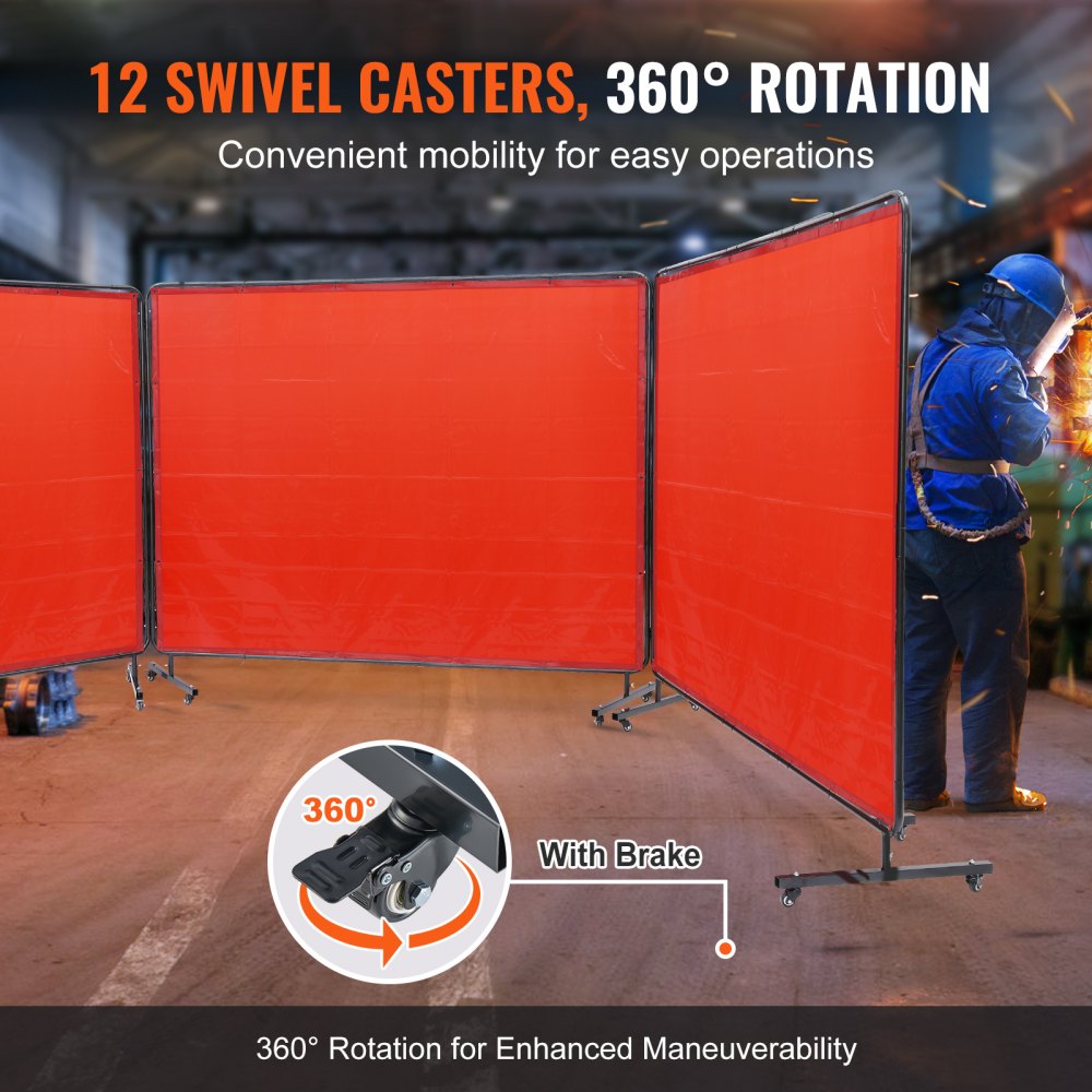 Welding Screen with Frame, 6` x 8` 3 Panel Welding Curtain Screens, Flame-Resistant Vinyl Welding Protection Screen on 12 Swivel Wheels (6 Lockable), Moveable & Professional for Workshop, Red