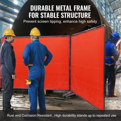 Welding Screen with Frame, 6` x 8` 3 Panel Welding Curtain Screens, Flame-Resistant Vinyl Welding Protection Screen on 12 Swivel Wheels (6 Lockable), Moveable & Professional for Workshop, Red