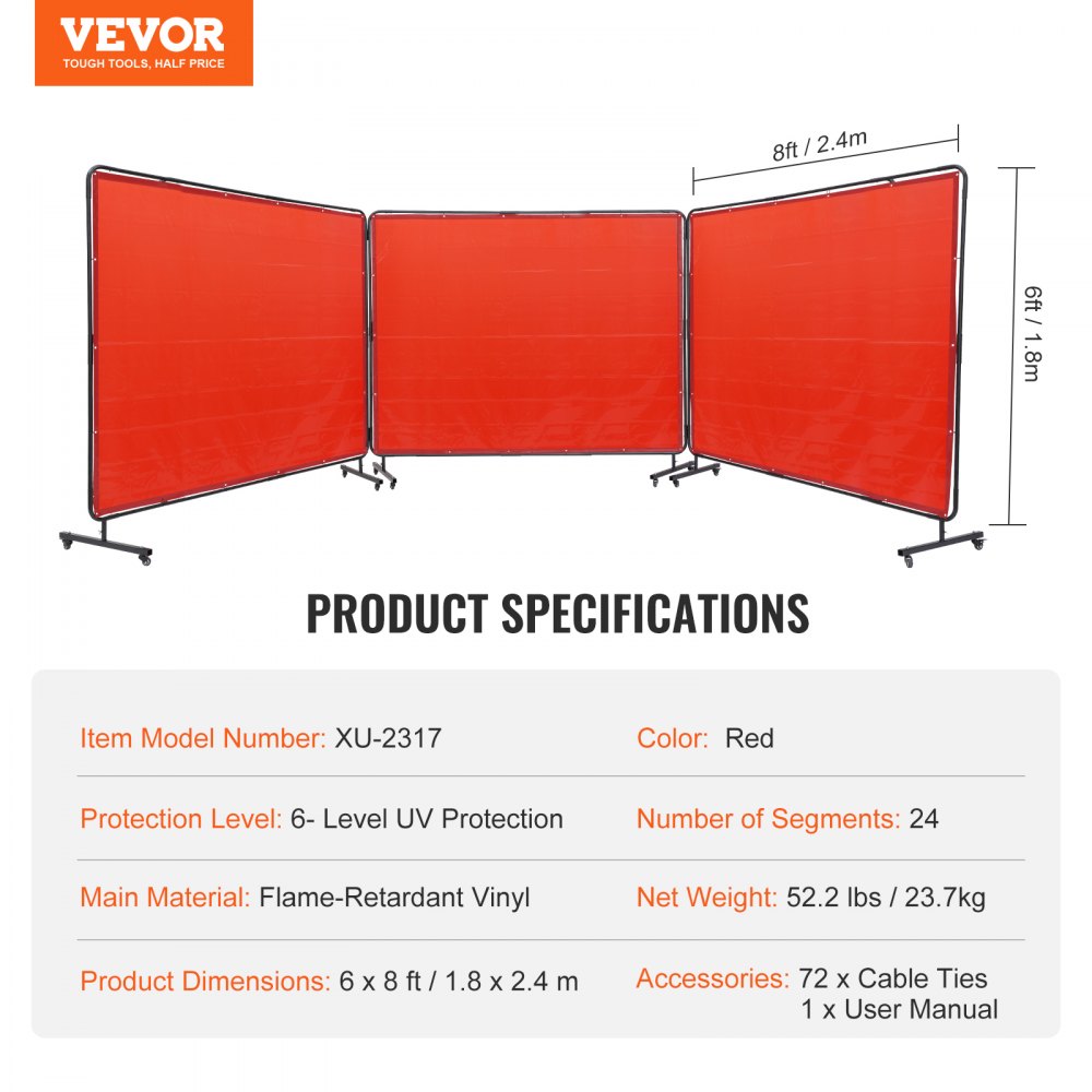 Welding Screen with Frame, 6` x 8` 3 Panel Welding Curtain Screens, Flame-Resistant Vinyl Welding Protection Screen on 12 Swivel Wheels (6 Lockable), Moveable & Professional for Workshop, Red