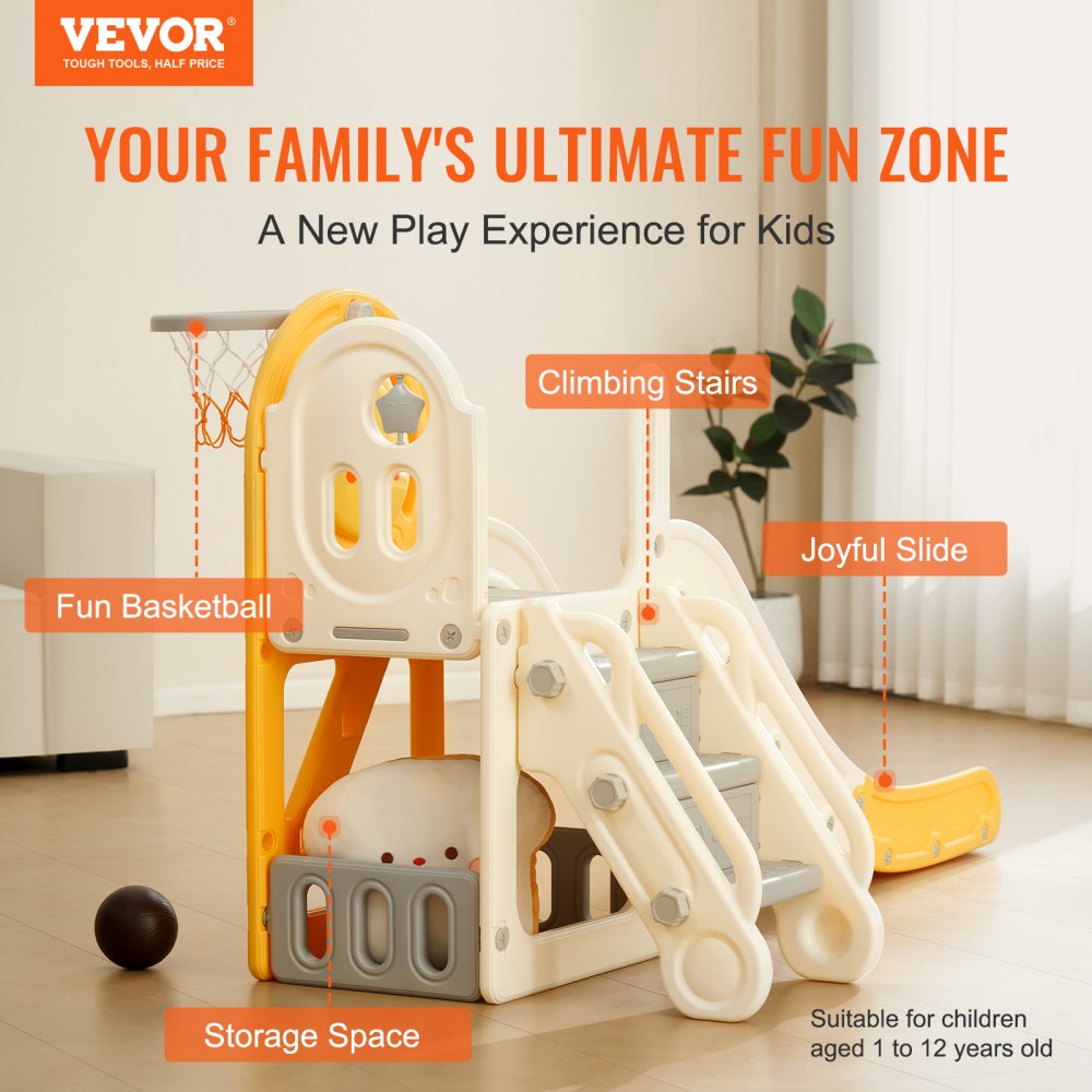 Toddler Slide, Kid Slide for Toddlers Age 1-3 w/Climbable Ladders & Basketball Hoop & Storage Space, Indoor Outdoor Slide Playset for Kids Within 110lbs, Toddler Playground w/Raised Handrail