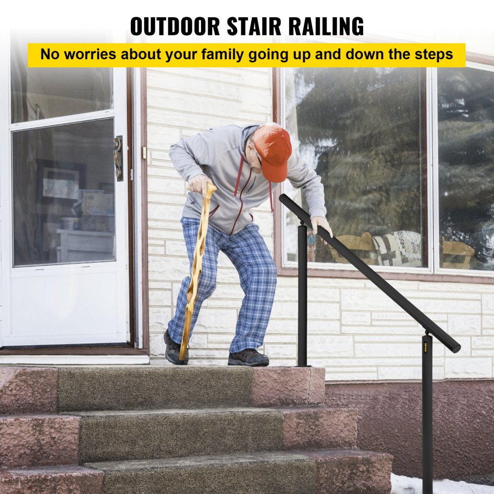 Black aluminum handrail kit for outdoor stairs, adjustable for up to 5 steps and 60° angles.