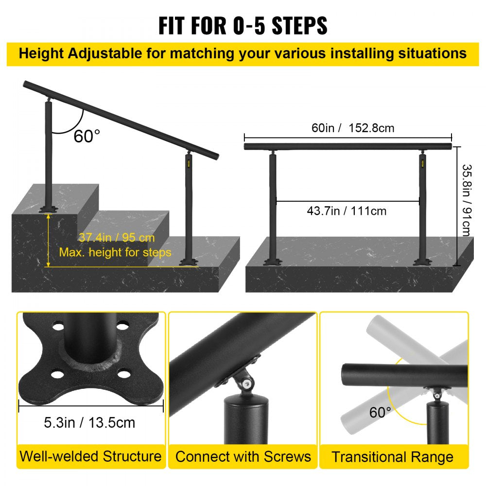Black aluminum handrail kit for outdoor stairs, adjustable height and angle for safety.