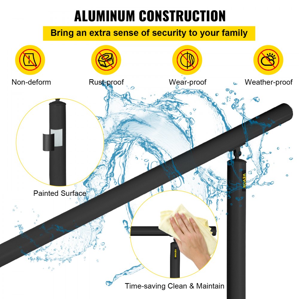 Black aluminum handrail kit for outdoor stairs, adjustable for 0-5 steps and various angles.