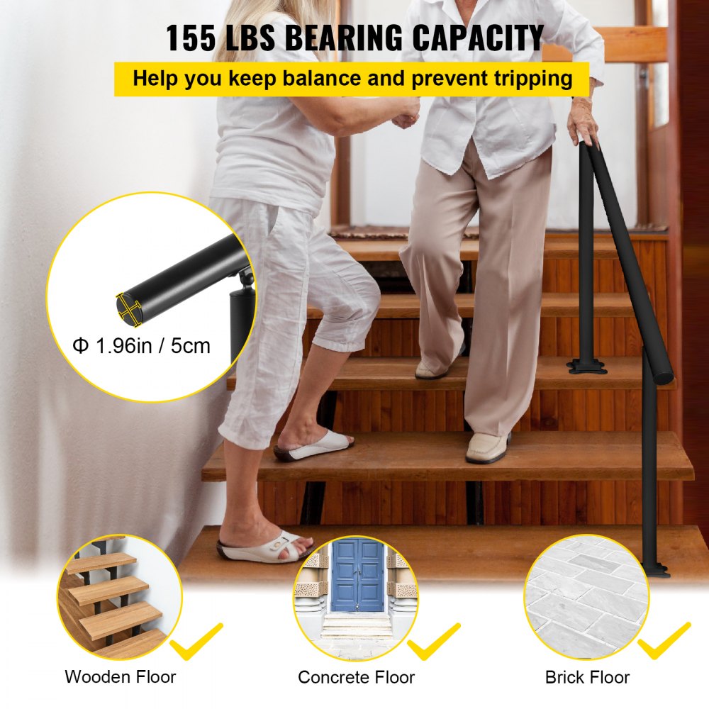 Black aluminum handrail kit for outdoor stairs, adjustable height for 0-5 steps.