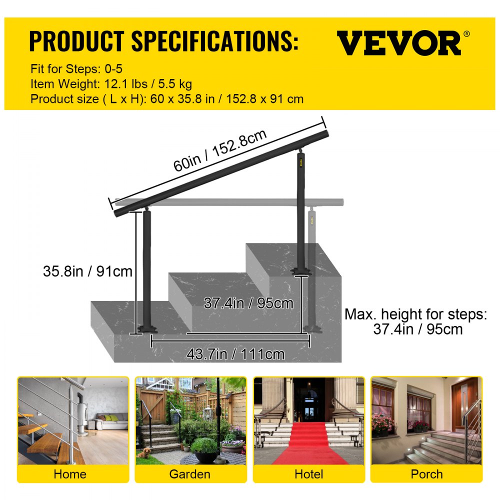 Black aluminum handrail kit for outdoor stairs, adjustable for up to 5 steps and 60° angles.