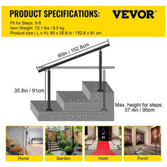 Black aluminum handrail kit for outdoor stairs, adjustable for up to 5 steps and 60° angles.