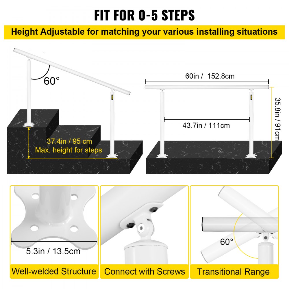 A white aluminum handrail kit is shown with dimensions for stairs and flat surfaces.