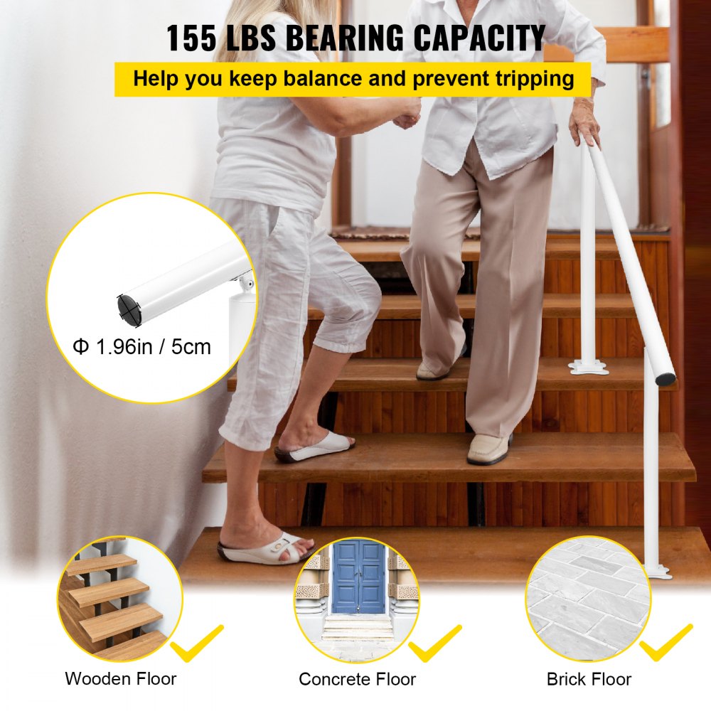 White aluminum outdoor stair handrail kit installed on wooden steps with two people using it.