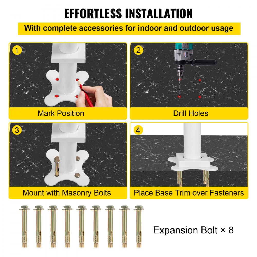 Infographic showing effortless installation steps for a white aluminum outdoor stair handrail kit with included accessories.