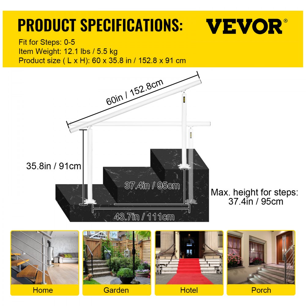 White aluminum outdoor stair handrail kit, 5 feet long, for 0-5 steps with adjustable angle.