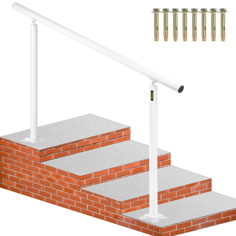 White aluminum handrail kit installed on brick outdoor stairs with included bolts.