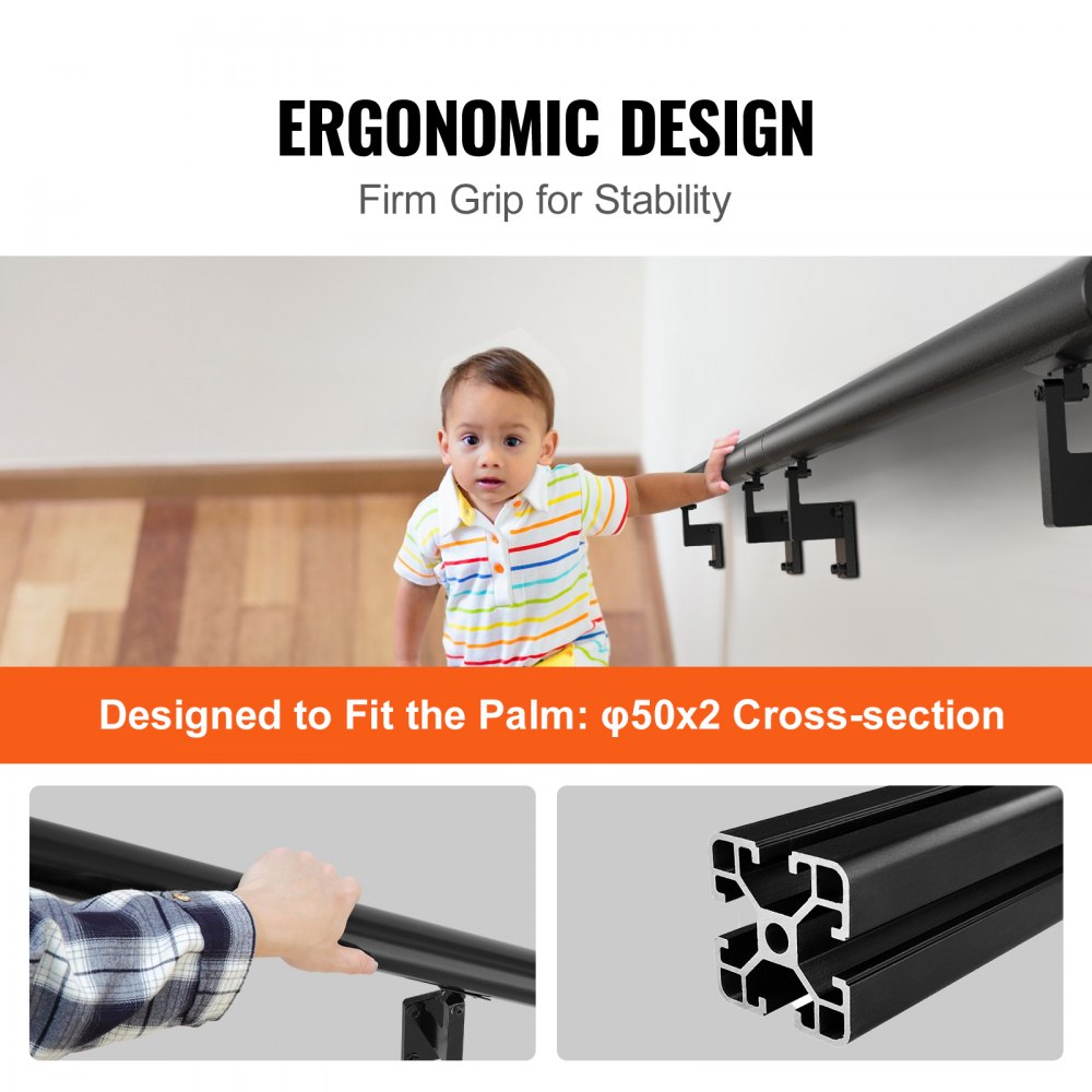 Bostome 12ft aluminum alloy wall mount handrail with a black powder-coated finish.