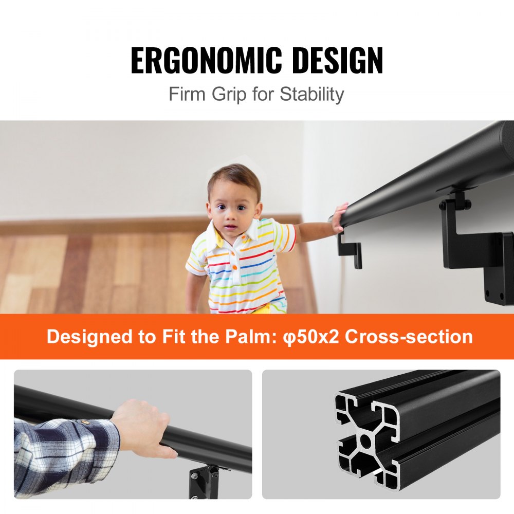 Aluminum alloy 4ft wall mount handrail with ergonomic grip and secure screw fixation.