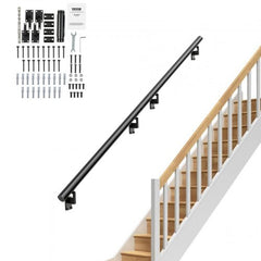 A black aluminum alloy handrail for stairs is shown with its installation hardware and a wooden staircase.