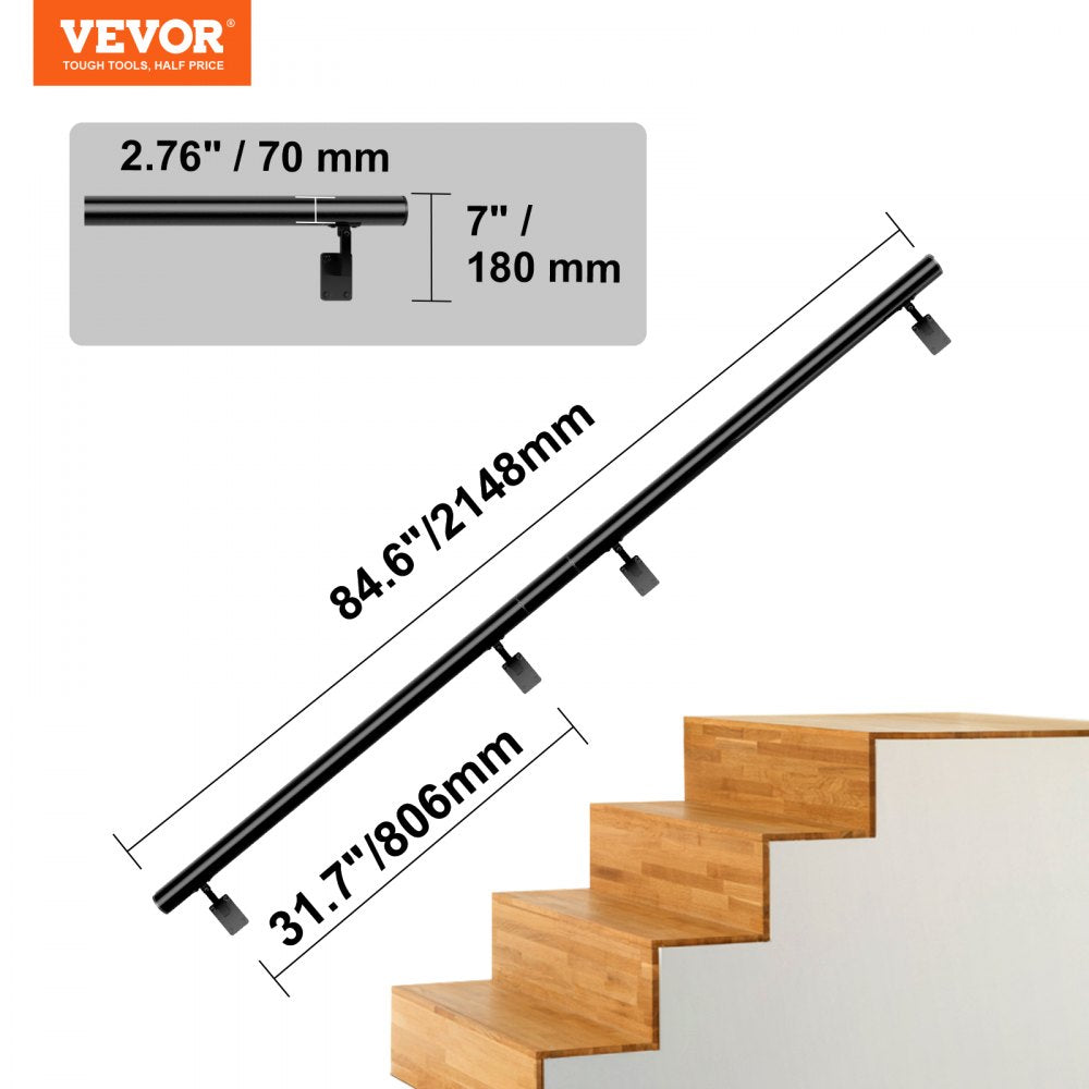 A black aluminum alloy handrail for stairs, with dimensions of 84.6 inches and 31.7 inches.