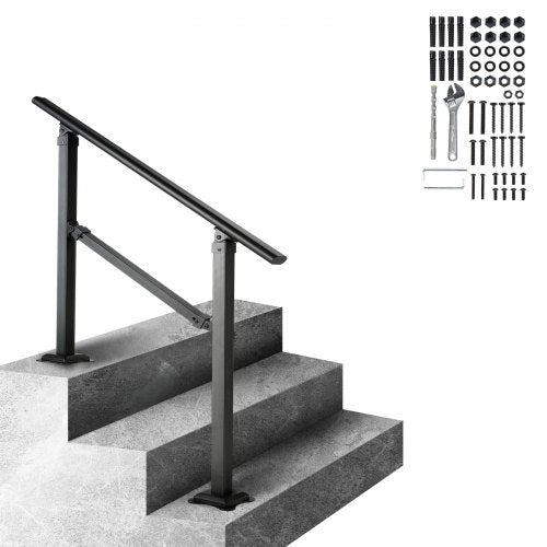 Black carbon steel adjustable handrail installed on outdoor concrete steps with included hardware kit.