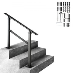 Black carbon steel adjustable handrail installed on outdoor concrete steps with included hardware kit.