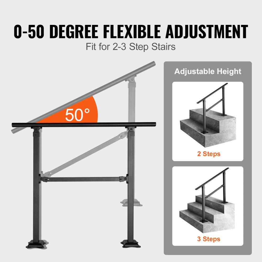 Adjustable carbon steel outdoor stair handrail, 3 ft long, with 0-50 degree angle for 2-3 steps.