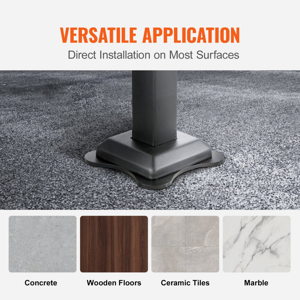 Diagram showing versatile installation of adjustable outdoor stair handrail on concrete, wood, ceramic tile, and marble surfaces.